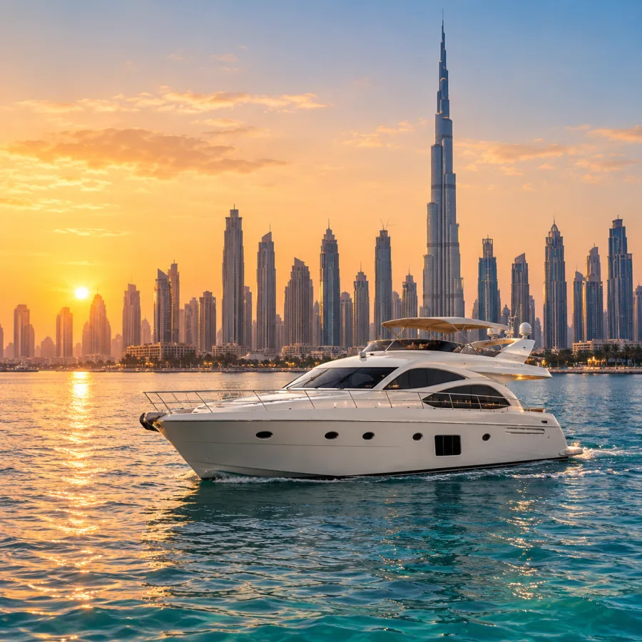 Dubai şehir silüeti önünde yat